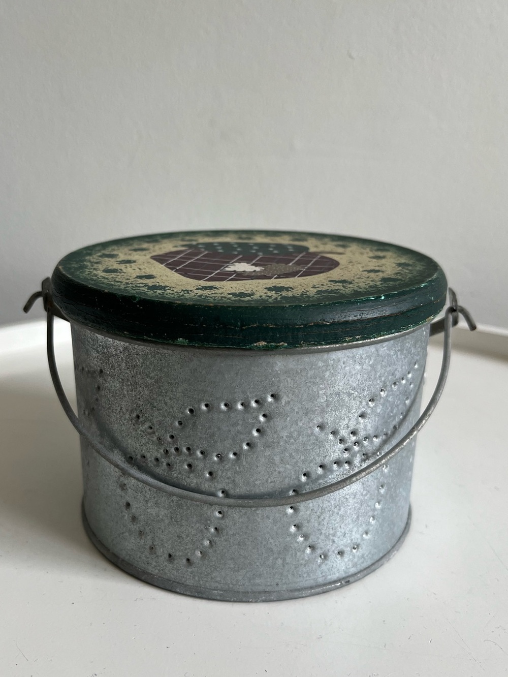 Vintage Tender Heart Treasures Pierced Metal Canister With Handle And Wooden Lid